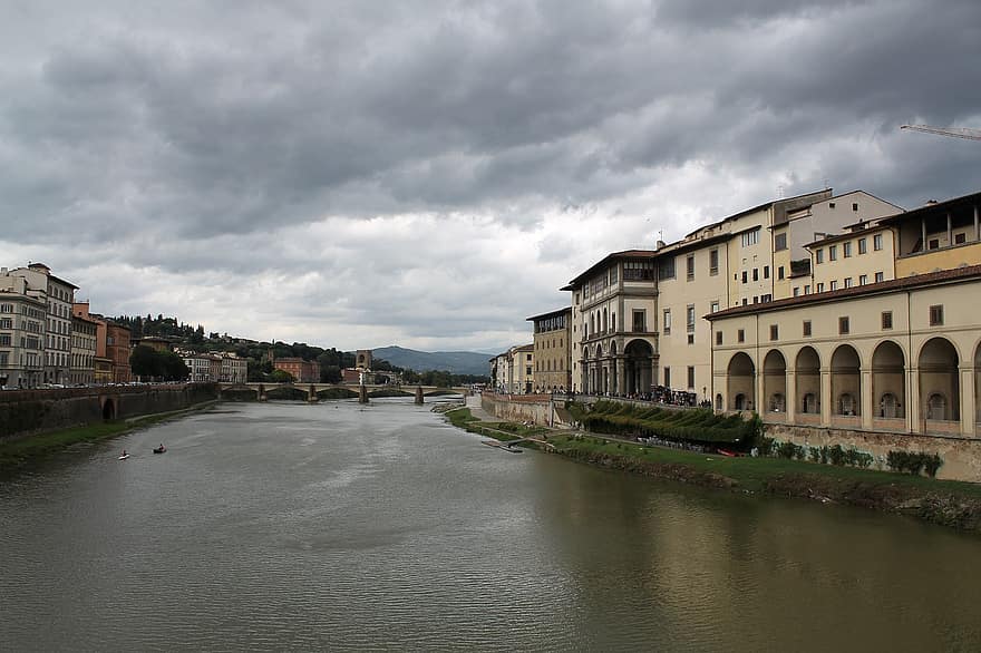 Firenze, joki arno, kaupunki, joki, Eurooppa, pilvinen