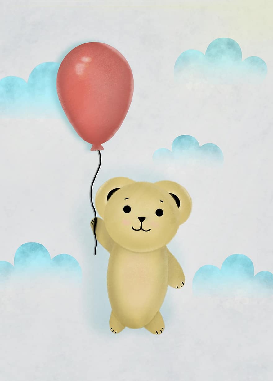 iPhone Hintergrundbilder, Hintergründe, süß, Aquarell, Bär, Teddy, Ballon, Winnie pooh, Himmel, Zeichnung, Malerei
