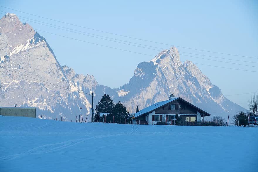 ev, dağlar, kış, kar, rüzgârla oluşan kar yığını, soğuk, don, kabin, mimari, Morschach, isviçre