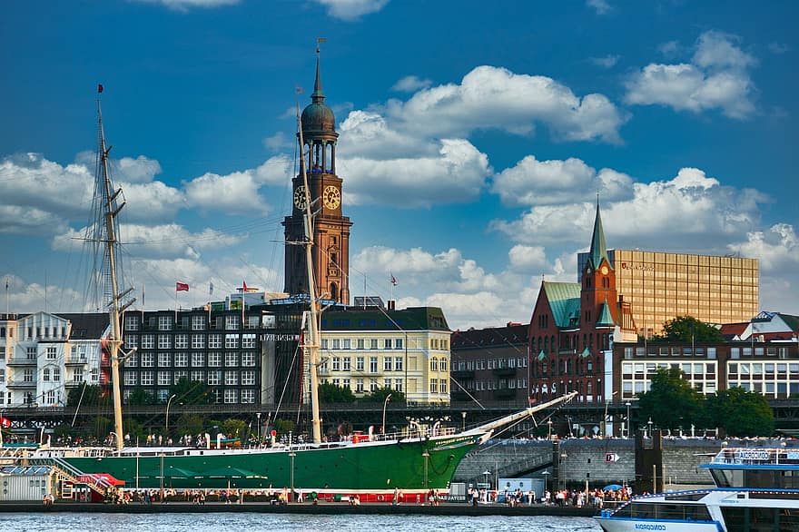 Hamburg, port, michel, vaixell de vela