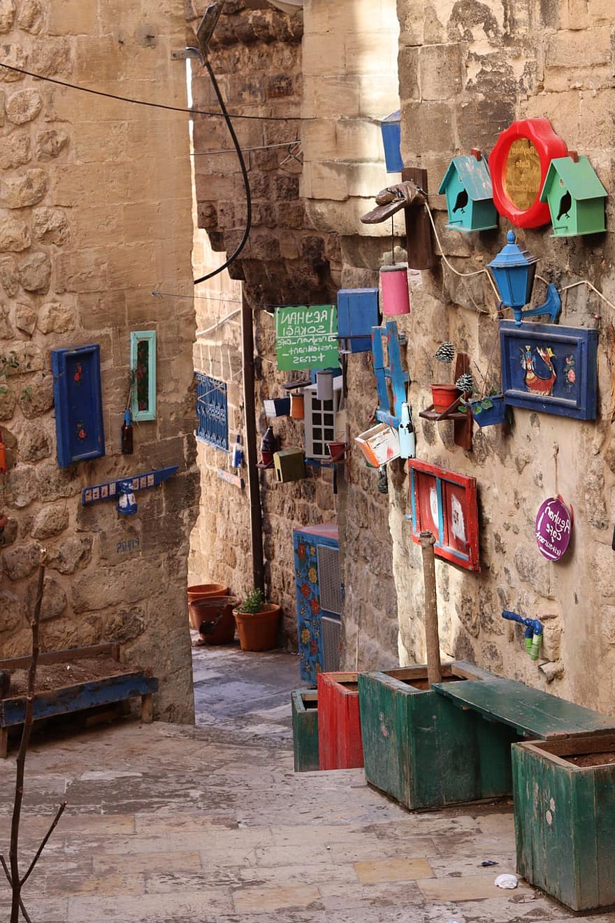 utca, sikátor, utcai dekoráció, kézzel készített, színes, Mardin, Törökország, kultúrák, építészet, régi, faipari