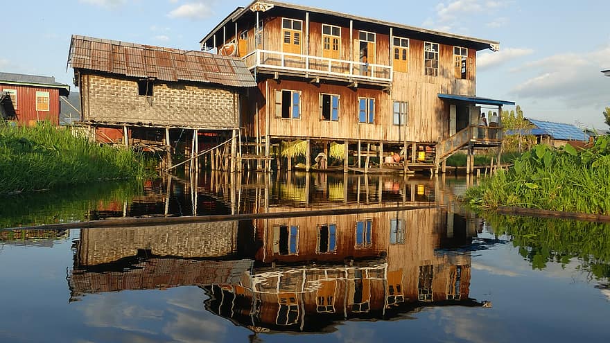 inle lake, traditionel, boliger, burma, myanmar, levested, sø, bambus
