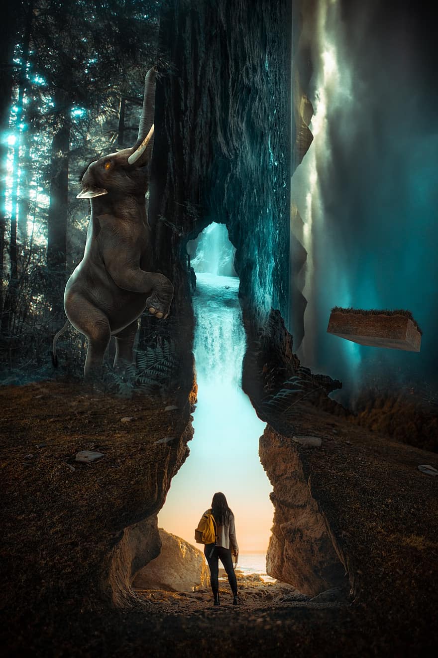 жена, гора, море, слон, фантазия, манипулиране на снимки, пещера, водопад, дигитално изкуство, хора, приключение