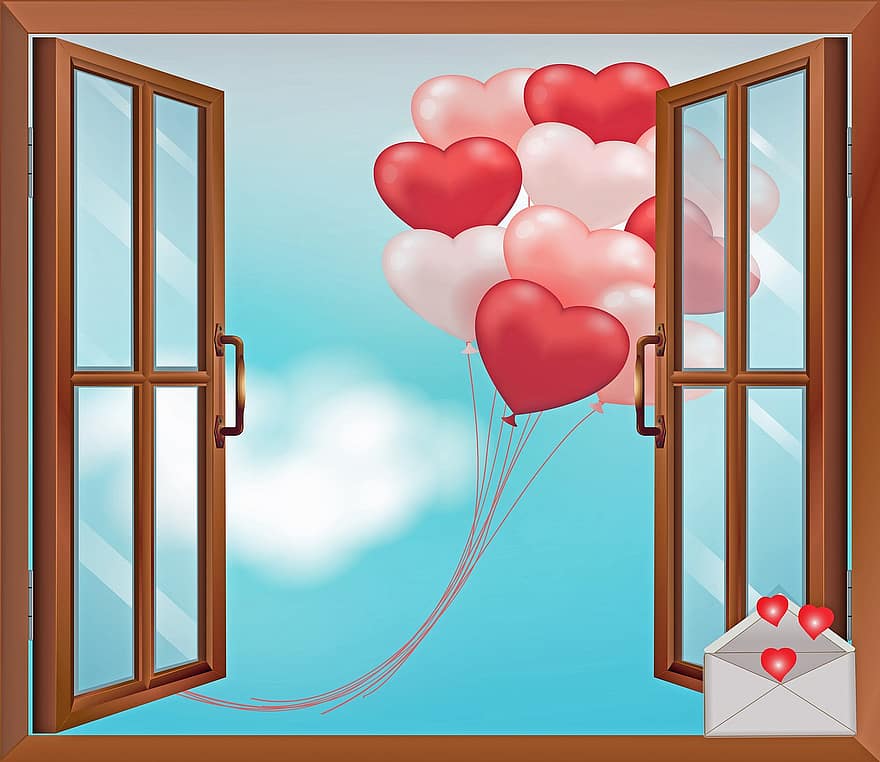 ventana, globos, globos de corazon, rojo, blanco y rosa, enamorado, Besame, corazón, globo, amor, romántico