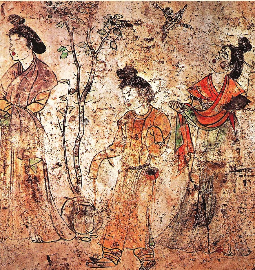Mural chinês, Dysnatie Tang, Tumba Li Xian, Mulheres do palácio, Elegant In Garden, descoberta, Tumba do Príncipe Li Xuan, Mausoléu Qianling, pintando na parede, arte chinesa, Período de dominação feminina