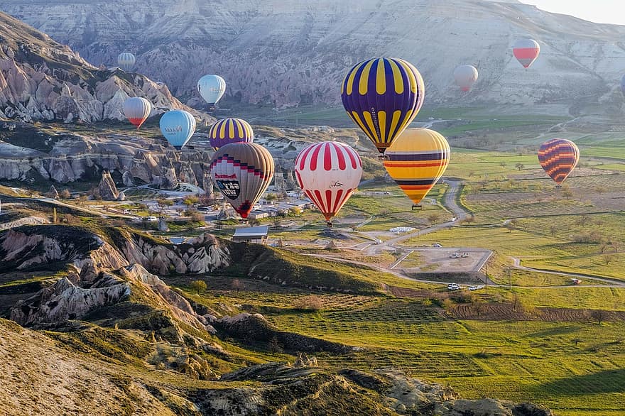 montgolfières, des ballons, vallée, paysage, fond d'écran