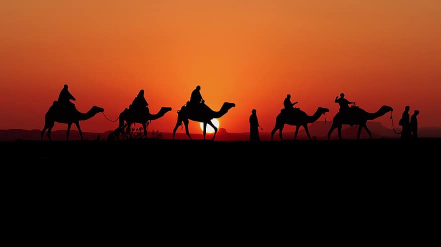 caravan, woestijn, silhouet, zonsondergang, natuur, hemel, zand, duin, schemering, mensen, reizen