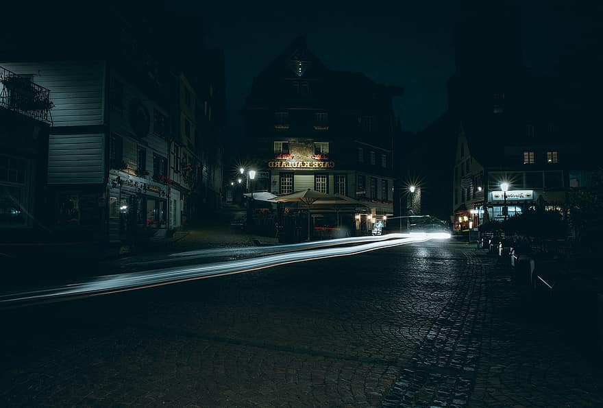 ciutat, poble, monschau, Alemanya, nit, llums, humor, carrer, cotxe, trànsit, fosc