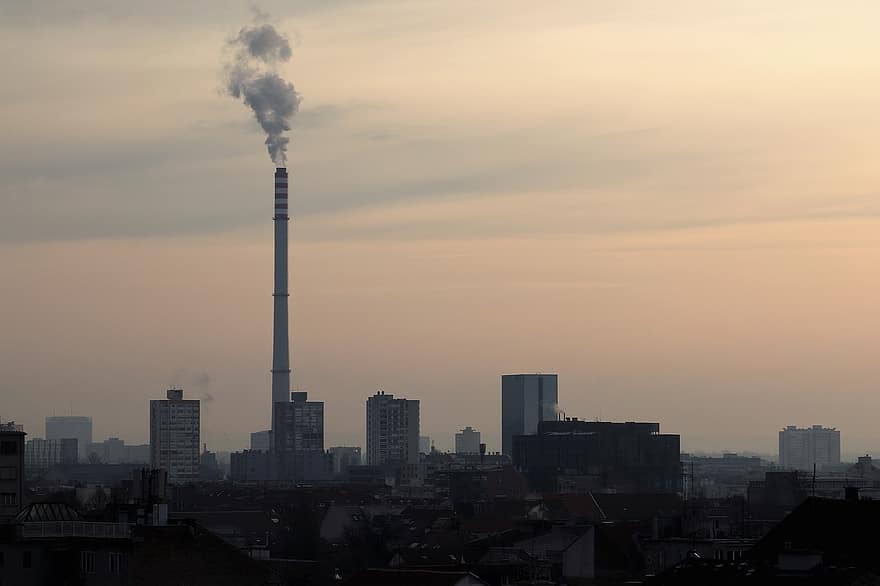 Buildings, Urban, City, Dusk, chimney, sunset, pollution, smoke, physical structure, cityscape, smog