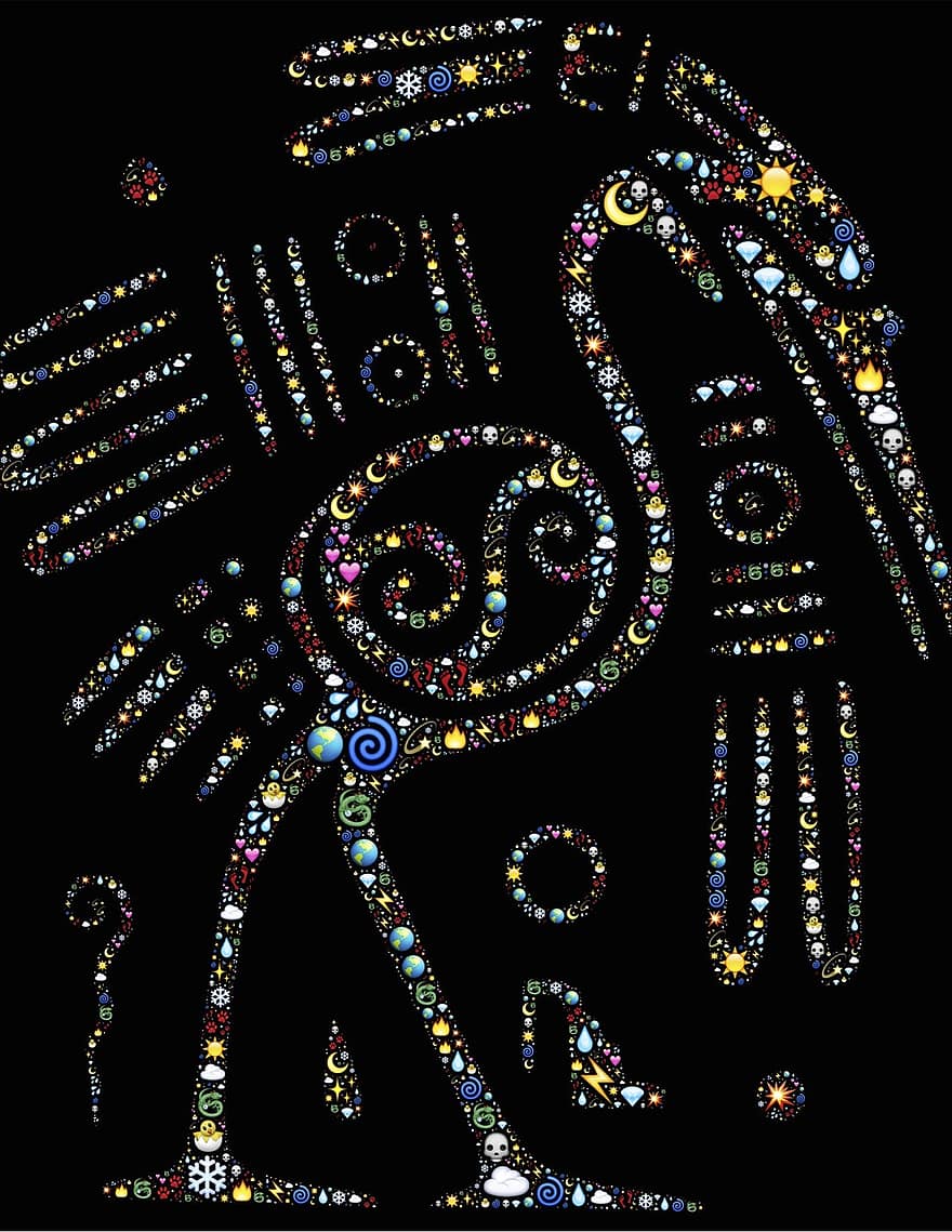 putns, Mayan, emoji, raksturs, krāsains, melns fons, meksikāņu, senais, kultūra, indiānis, simbols
