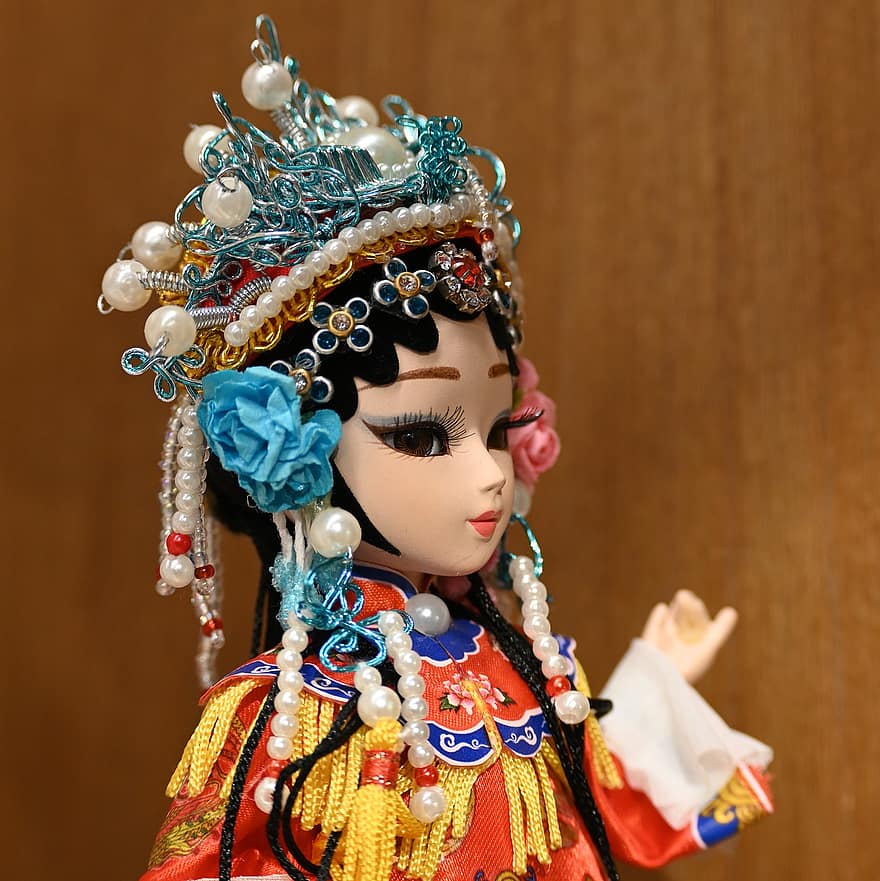 Sichuan operas, lelle, tiara, kultūras, sievietēm, tradicionālie apģērbi, modē, vietējo kultūru, viens cilvēks, skaistums, apģērbs