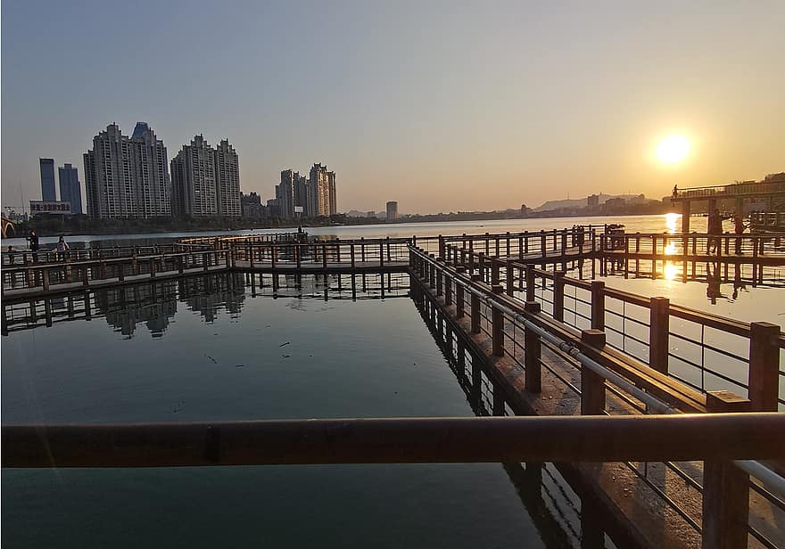 zonsondergang, Overwater promenade, meer