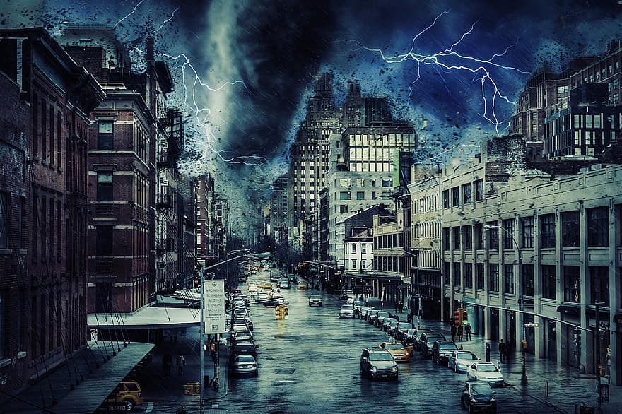 Stadt, Regen, Sturm, Blitz, Tornado, Verwüstung, Zerstörung, Kraft der Natur, blaue Stadt, blauer Regen, blauer Sturm