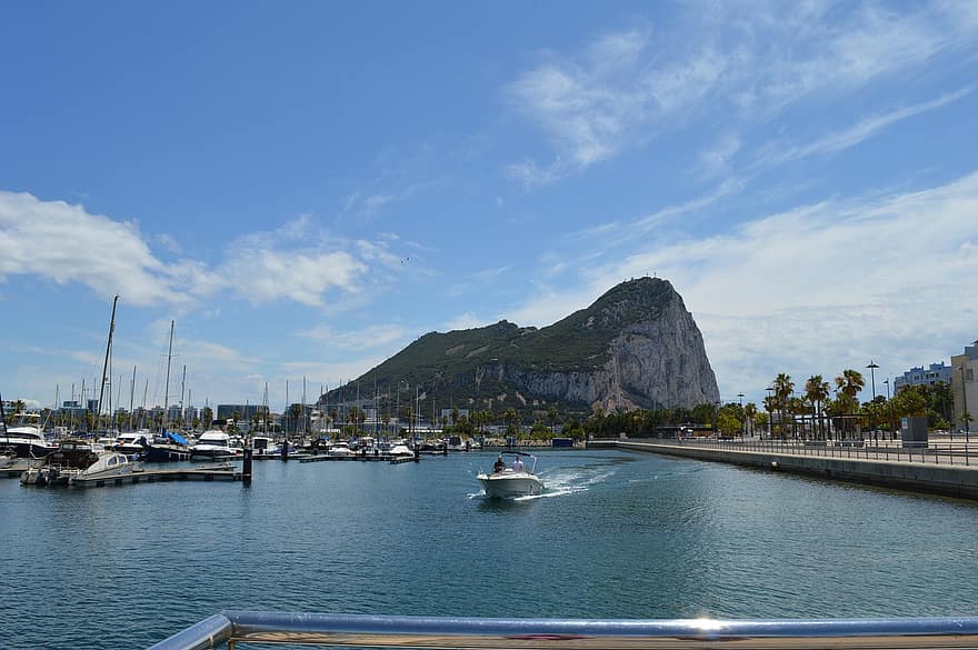 See, Seebrücke, Hafen, Boote, Wasser, Natur, Gibraltar, Spanien, Wasserfahrzeug, Sommer-, Blau