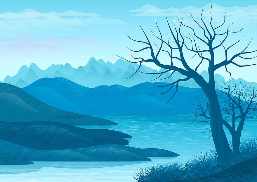 peisaj, ilustrare, natură, apă, strica, marin, rio, lac, dealuri, cer, albastru