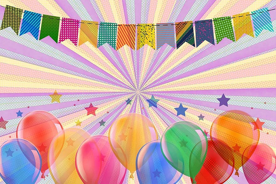 星、風船、カーニバル、旗とペナント、テキストフィールド、輝く、デコレーション、色とりどり、子供の誕生日、パーティー、お祝い