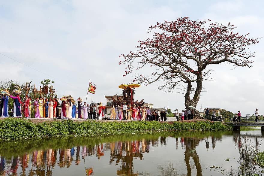 United Rice, Vietnamesisk by, byfestival, hus på landet, Bombacaceae Tree, Vietnam Village, Tonkin, stort träd