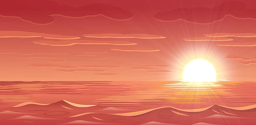 ilustración, paisaje, mar, por puestas de sol, ligero, brillo, brillante, cielo, tarde, playa, olas