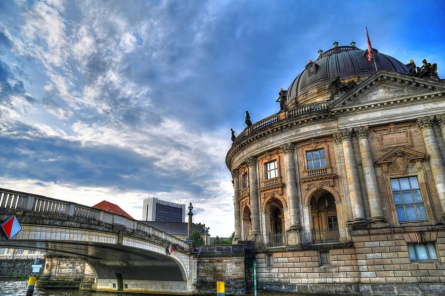 arkitektur, attraktion, skön, berlin, berliner, blå, bode, bode museum, Bodemuseum, bro, byggnad