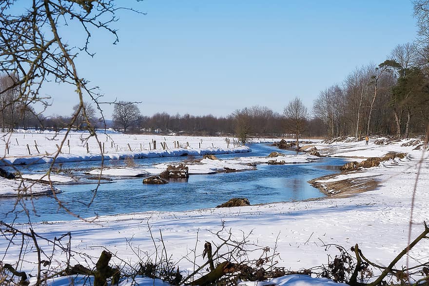 River, Bank, Winter, Snow, Ice, Cold, Frost, Water, Stream, Trees, Woods
