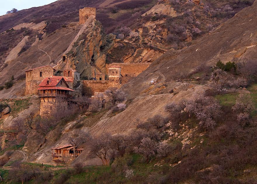 berg-, klooster, Davit Gareji-klooster, oud klooster, mijlpaal, middeleeuws, historisch, helling, landschap, zonsopkomst, toerisme