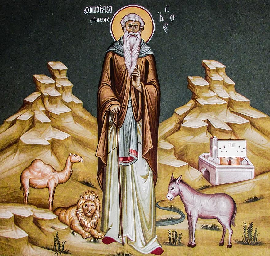 Ayios Gerasimos fra Jordan, helgen, ikonografi, kirke, ortodokse, religion, Kristendom, maleri, Skarinou