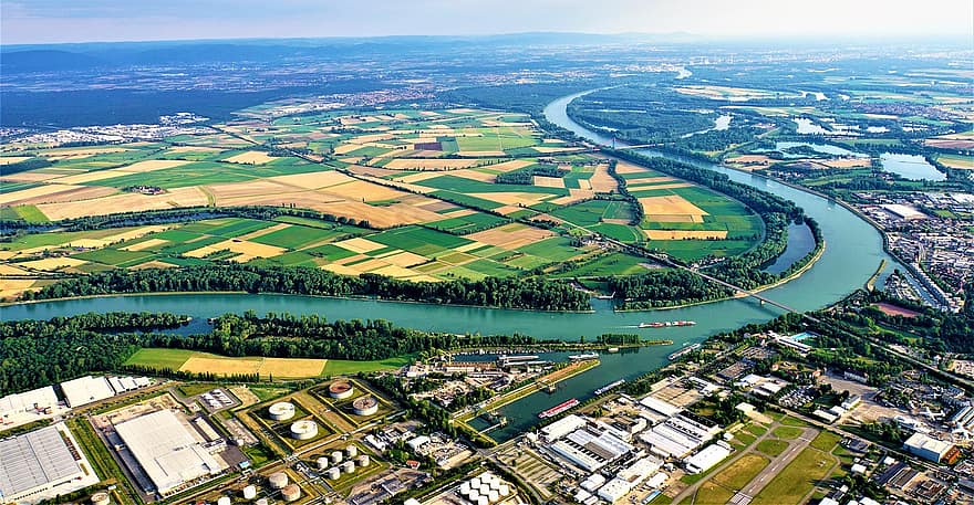 Рейн, река, град, Speyer, Германия, Sachsen, контейнеровоз, корито на река, пейзаж, отгоре, изглед отгоре