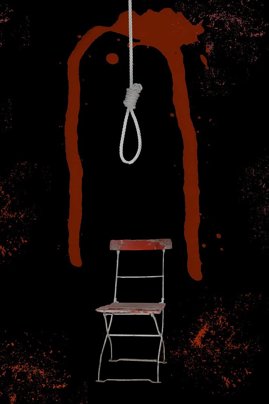 corda, rosso, sedia pieghevole, sangue, corda dell'impiccato, stilllebenr, nodo, dipendere, buio