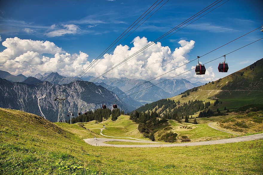 téléphérique, les montagnes, des câbles, gondoles, transport par câble, transport, alpin, Alpes, des nuages, chaîne de montagnes, route
