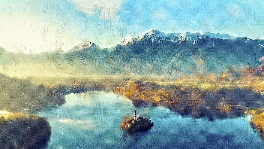 Mountains, Lake, Fields, Bank, Scenery, Nature, Landscape, Foggy, Scenic, Brush Strokes, Painting