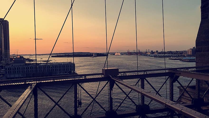 Бруклин, мост, град, залез, здрач, Ню Йорк, океан, море, на открито, туризъм, плавателен съд