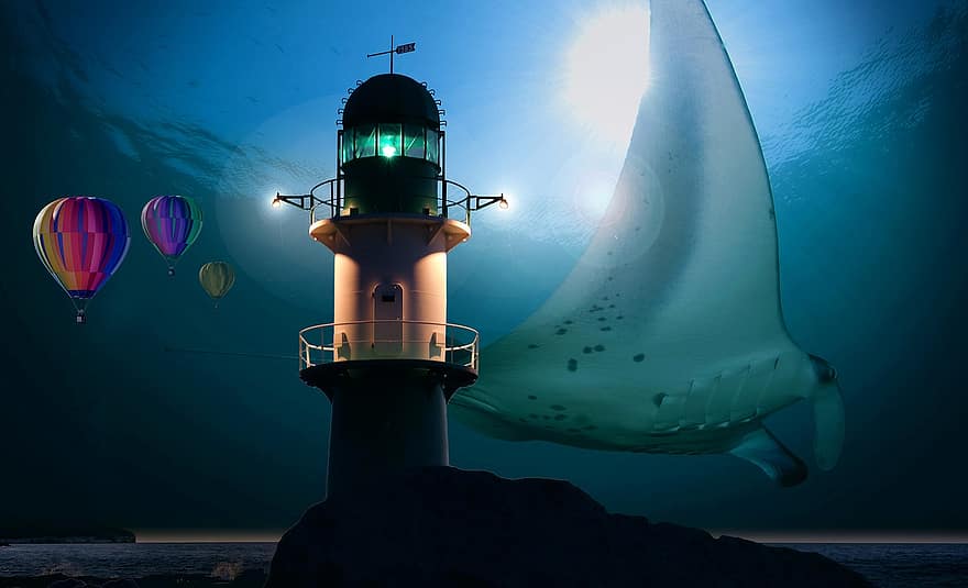 маяк, океану, Глибоке море, під водою, промені, повітряна куля, Повітряна куля в полоні, будівлі, архітектура, світло, сяючий