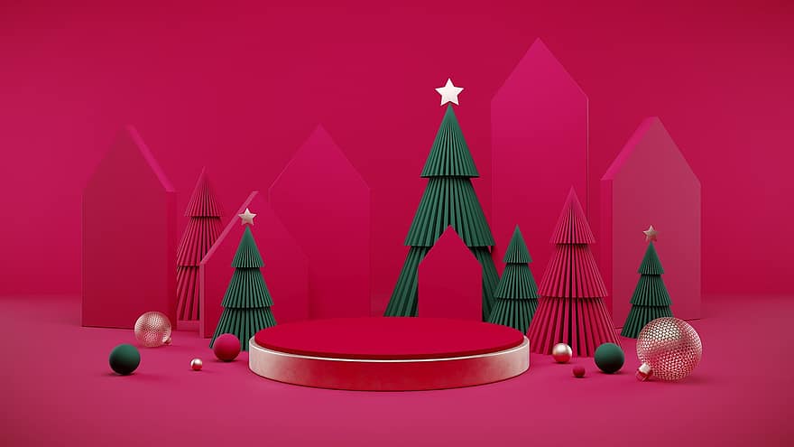 Коледа, подиум, макет, червен, коледни елхи, топки, украса, празник, 3d, заден план, показ