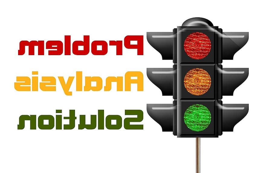 luzes de trânsito, problema, análise, solução, vermelho, verde, amarelo, texto, investigação, método, processo
