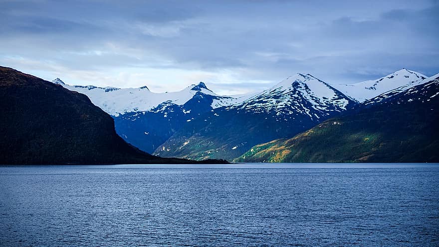 patagonia, fjorden, landskab, natur, chile, bjerge, vand, rejse, arktisk, kold, vinter