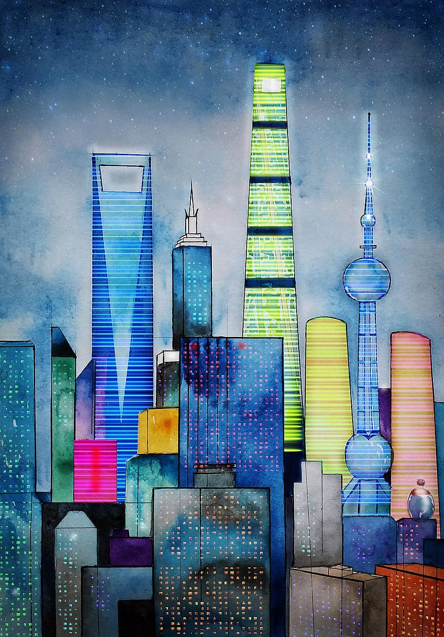 Szanghaj, Chiny, Miasto, Azja, architektura, neon, noc, budynek, podróżować, światła, turystyka