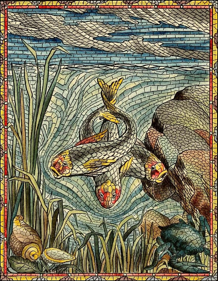 물고기, 수중, 입체파, 모자이크, 포도 수확, 스테인드 글라스, 디자인, 푸른, 녹색, 그림, 고대 미술