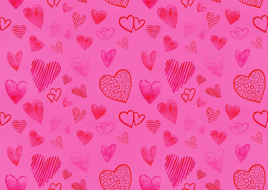 harten, liefde, waterverf, tekening, Valentijnsdag, schetsen, achtergrond, behang, patroon