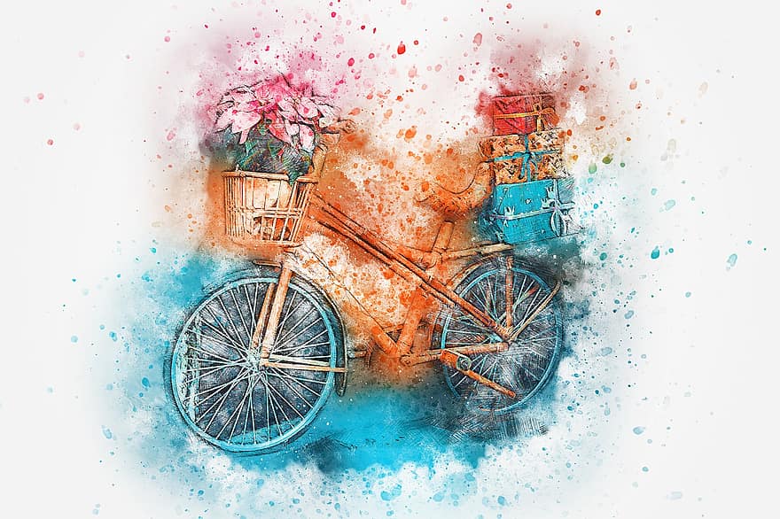 велосипед, цветя, кошница, подарък, акварел, природа, реколта, изкуство, артистичен, дизайн, пръскане на бои