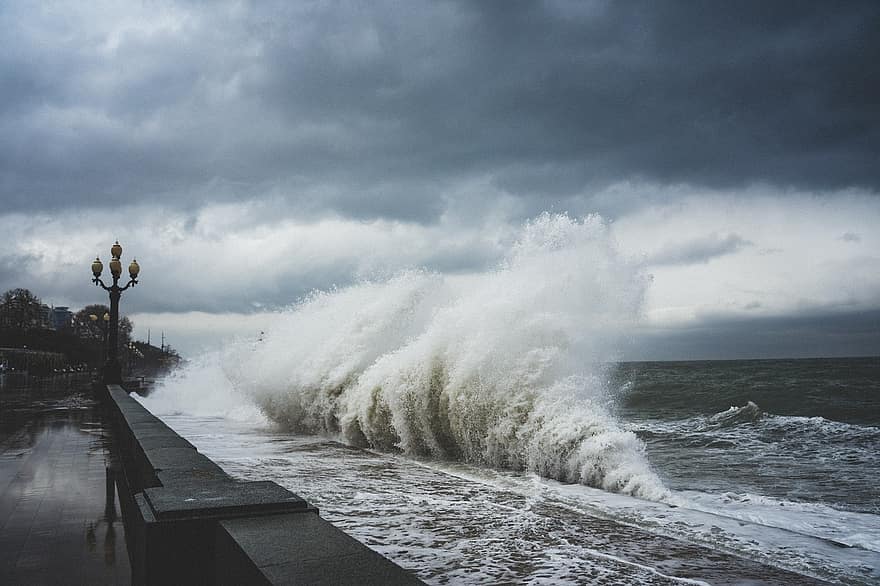 波、海、嵐、しぶき、海洋、海岸、雨雲、水、天気