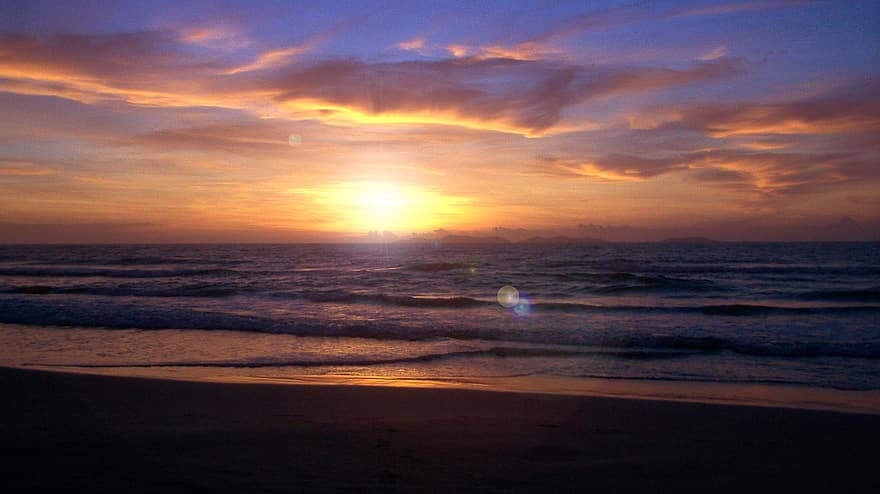 solnedgang, hav, horisont, strand, himmel, bølger, havbølger, kyst, kysten, skumring, tusmørke