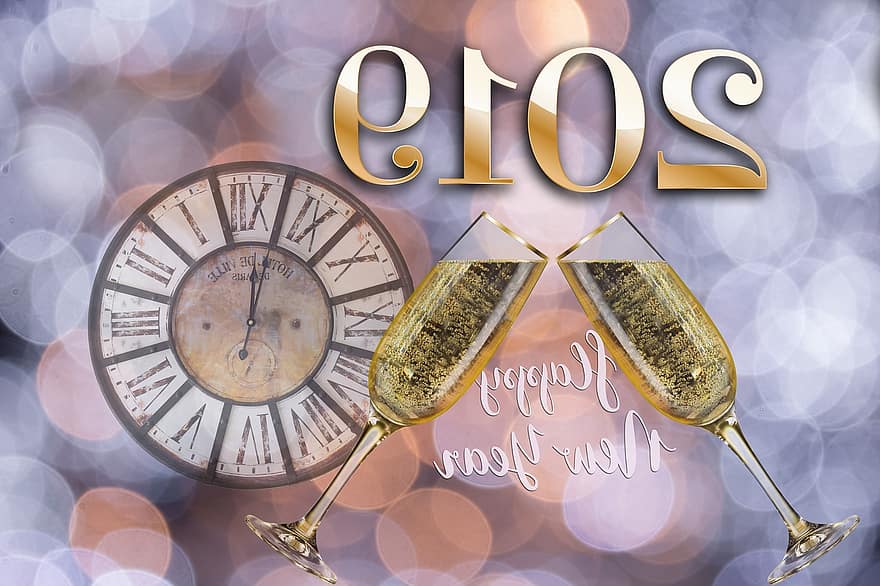 nytårsdag, nytårsaften, 2019, bokeh, kort, nytår hilsen, typografi, hånd bogstaver, ur, gloss, adelig
