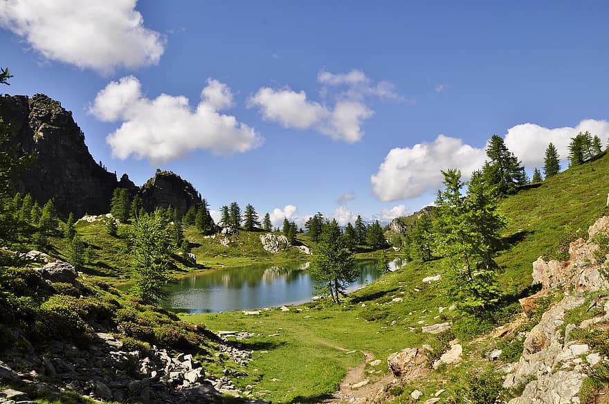 Alpene, innsjø, natur, fjellene, himmel, fjell, vann, sommer, alpine, utflukt, landskap