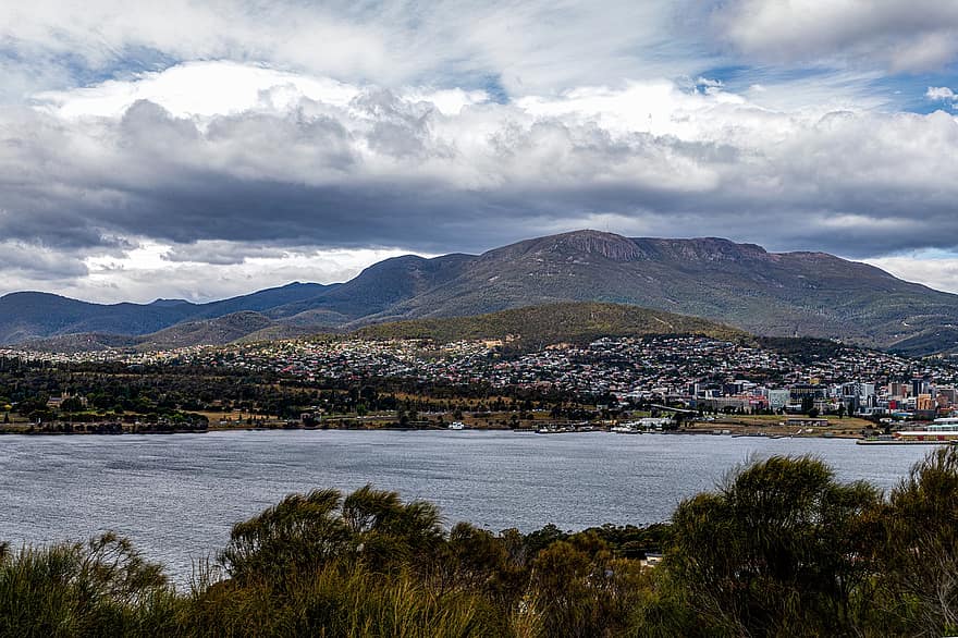 folyó, lefoglal, felhők, derwent folyó, Ausztrália, Tasmania
