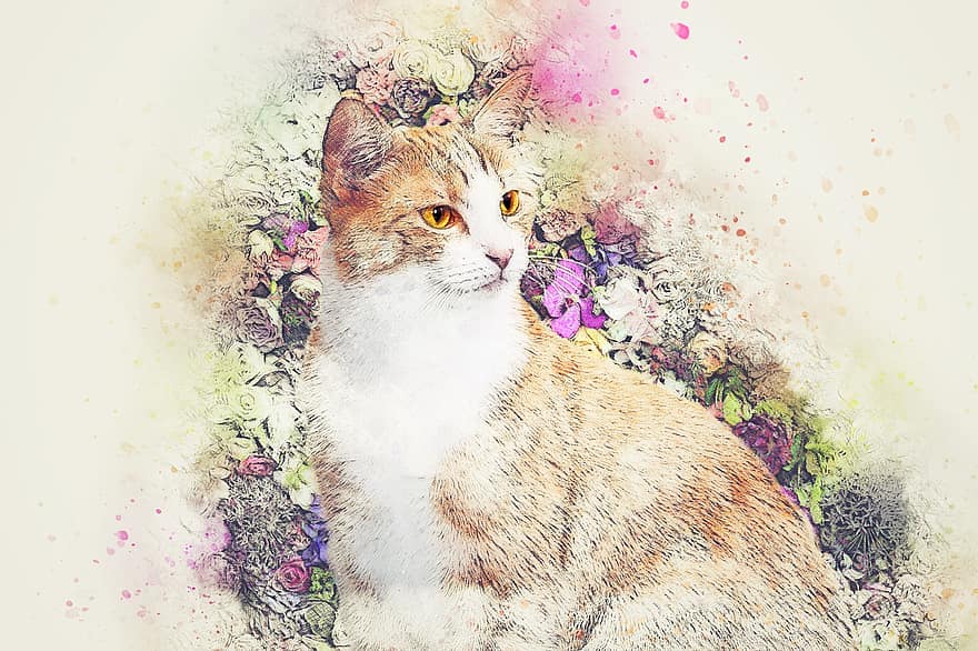 katė, gyvūnas, gėlės, menas, akys, santrauka, akvarelė, derliaus, romantiškas, pavasaris, meninis