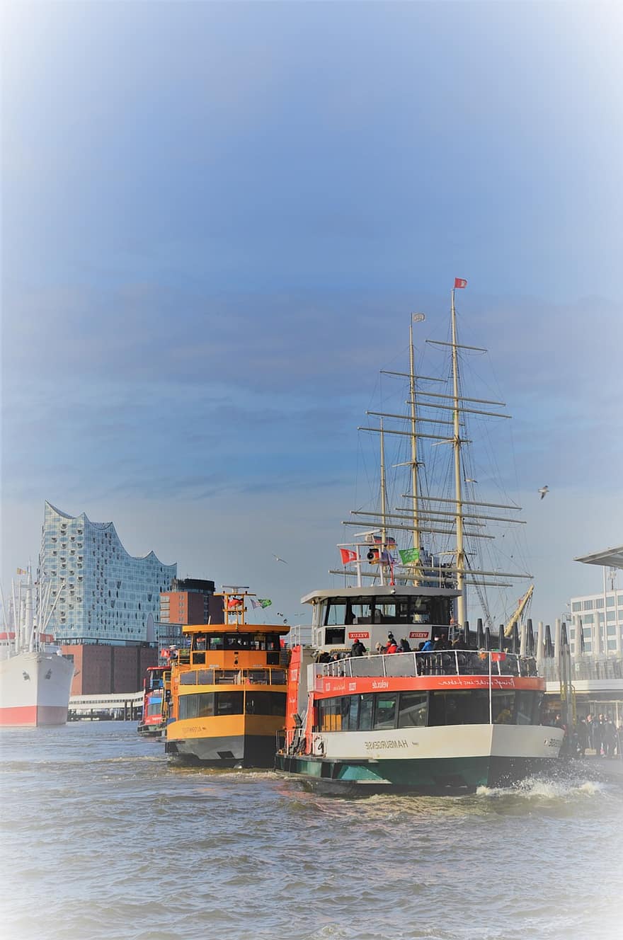 barci, transport, barje, Hamburg, hamburgensien, croazieră la port, portul sportiv, motive portuare, navă nautică, livrare, navă