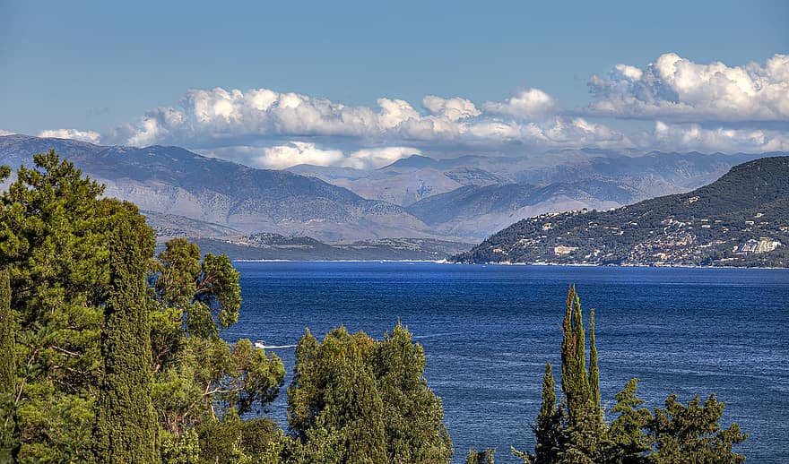Trees, Sea, Mountains, Clouds, Landscape, Corfu, Greece, Port, Shore, Nature, Tourism