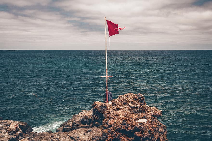 bandera, rocas, acantilado, canteras, El Confital, playa, mar, vacaciones, nubes, agua, Palmas De Gran Canaria