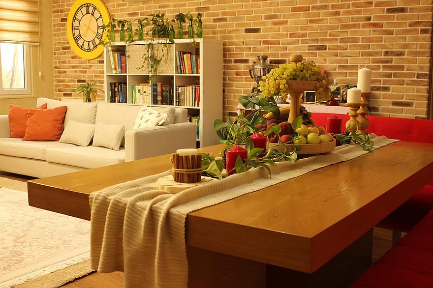 кімнати, інтер'єр, меблі, таблиця, фрукти, цегляна стіна, диван, дизайн інтер'єру, додому