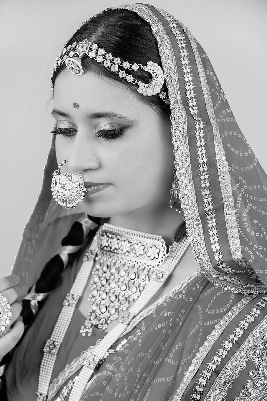 жінка, наречена, монохромний, індійський, традиція, культури, краса, модель, самка, дівчина, жінки